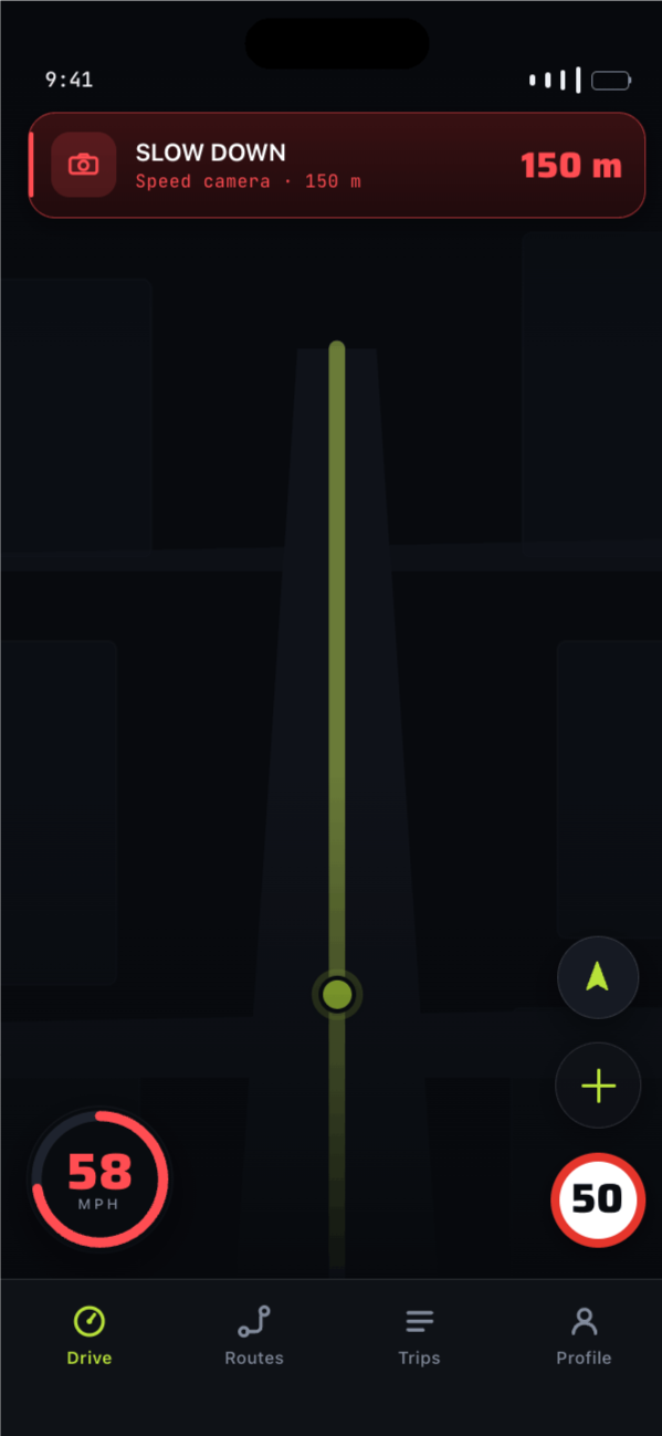 RadarHunter live drive — speed-camera alert