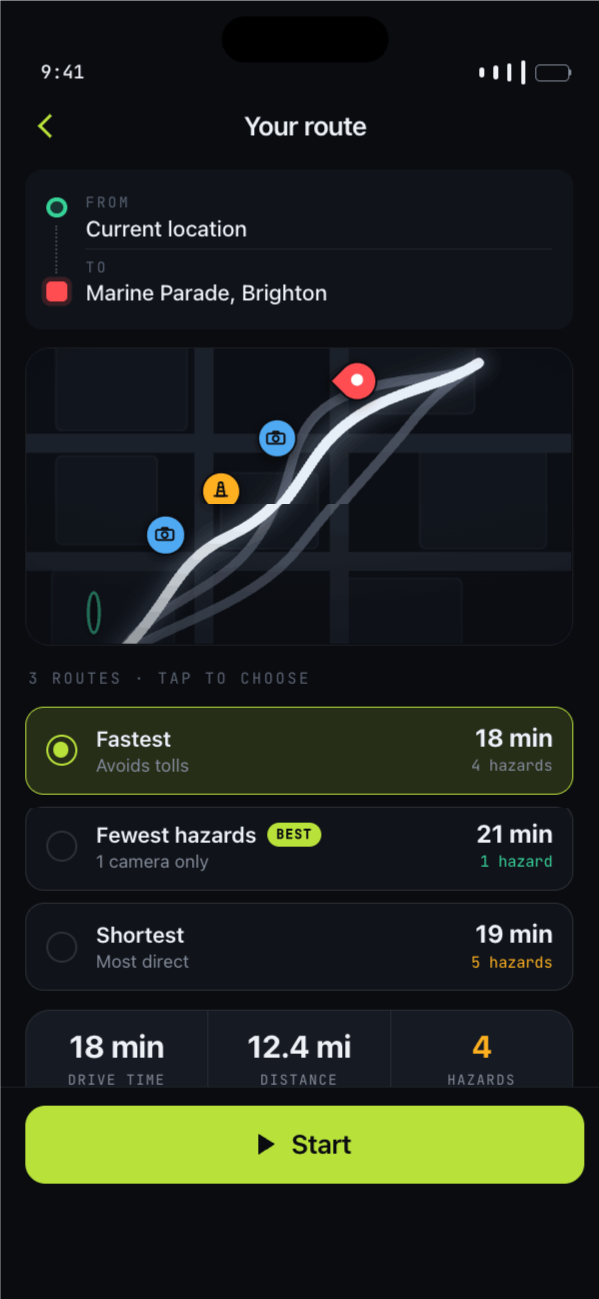 RadarHunter route overview — hazard-aware routes